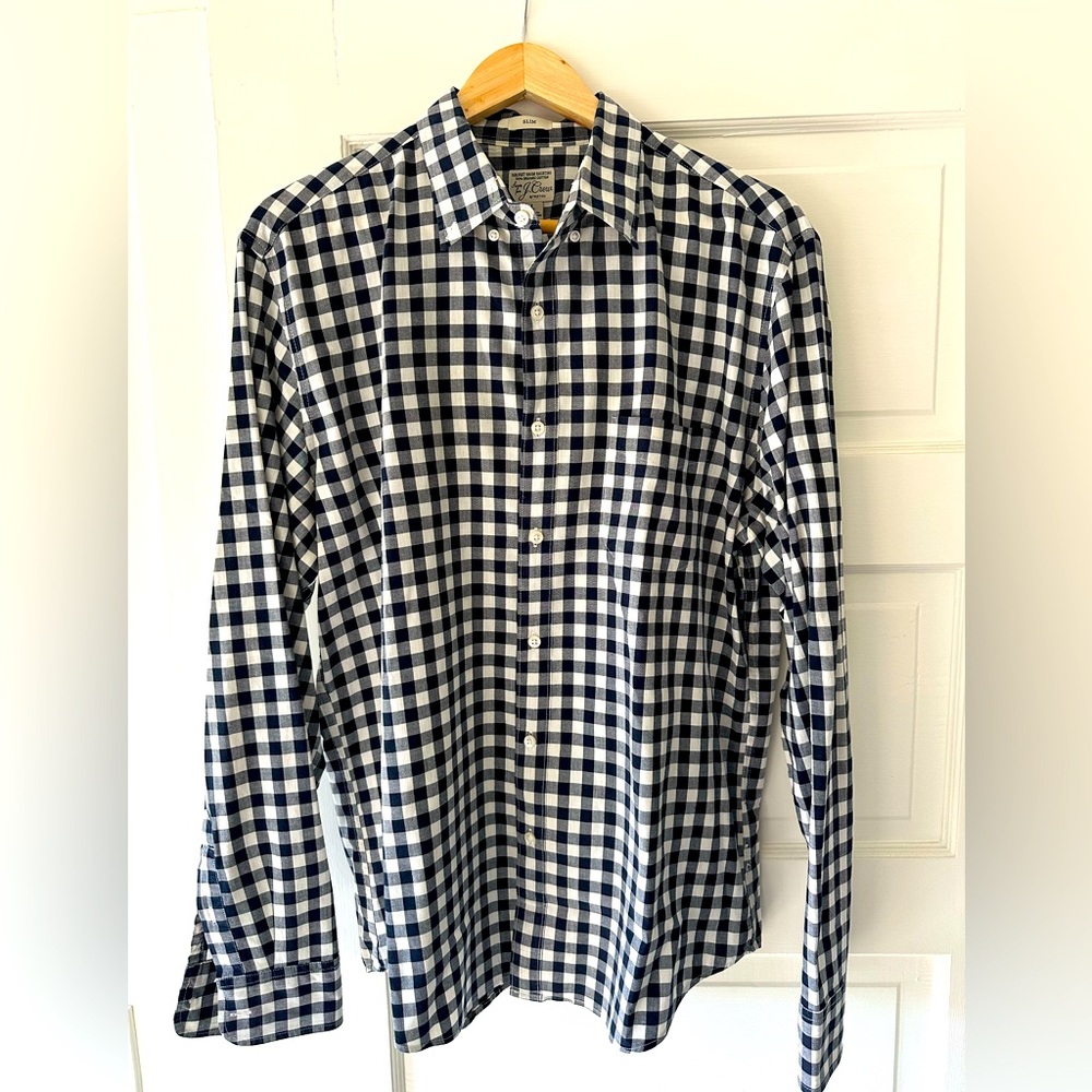 J crew factory men’s slim large Navy check button down shirt